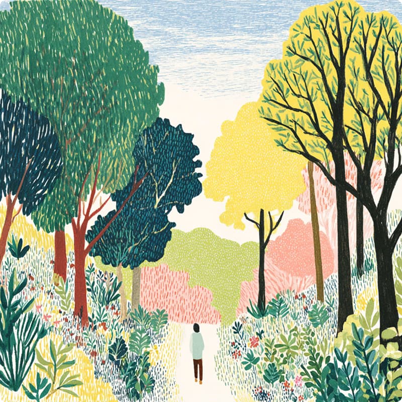 A person walking in a forest.