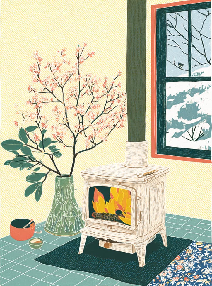 A cozy wood stove with a warm fire burning